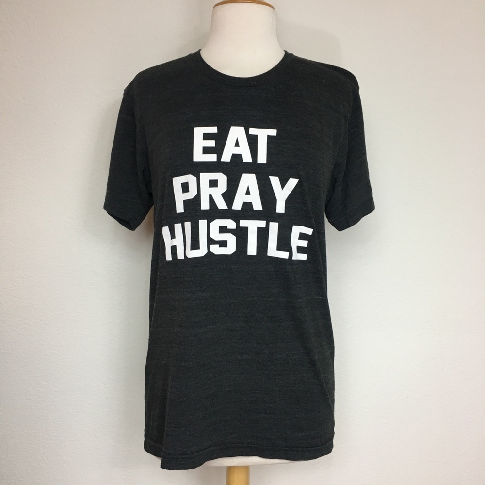 3/$25 Private Party Women's Dark Gray Eat Pray Hustle Crew T-Shirt Size Medium